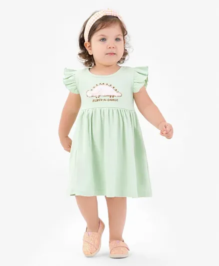 Bonfino Cotton Knit Frill Sleeves Frock Dino Embroidery - Green