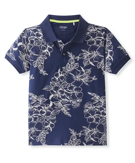 Primo Gino Cotton Pique Half Sleeves Polo T-Shirt Floral Print - Navy