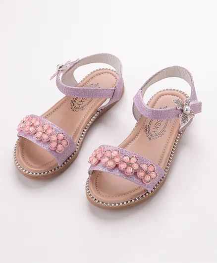 Kookie Kids Party Wear Flower Embellished Sandals - Pink