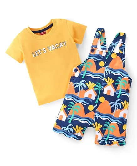 Babyhug 100% Cotton Knit Dungaree & Half Sleeves T-Shirt Set Text & Beach Theme - Blue & Yellow