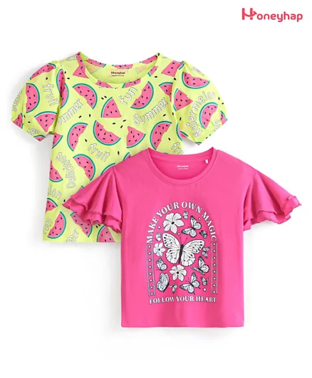 Honeyhap Premium 100% Cotton Knit Half Sleeves T-Shirt With Bio Finish Floral & Butterfly Print Pack of 2 - Sunny Lime & Magenta