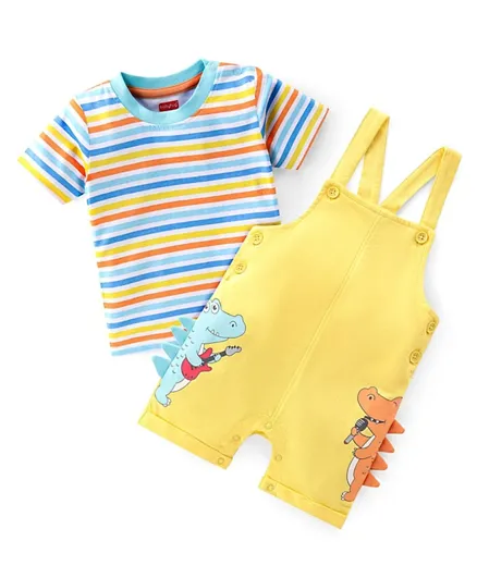 Babyhug 100% Cotton Knit Dino Print Dungaree and Half Sleeves Striped T-Shirt Set - Yellow