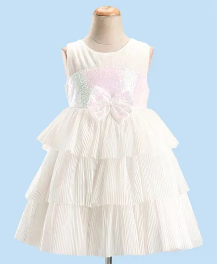 Babyhug Sleeveless Party Wear Tiered Dress with Bow Applique - White
