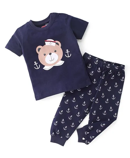 Babyhug Cotton Knit Half Sleeves Night Suit With Teddy Print - Navy Blue