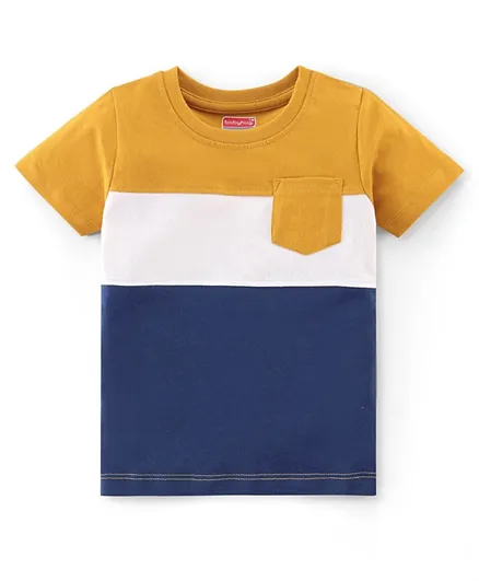 Babyhug 100% Cotton Knit Half Sleeves T-Shirt with Pocket Cut & Sew Design - Yellow & Navy Blue