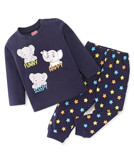 Babyhug Single Jersey Knit Full Sleeves Night Suit Elephant Printed - Navy Blue