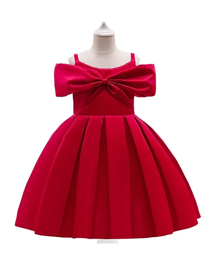 فستان حفلات كووكي كيدز بتصميم صلب وعقدة أمامية - أحمر