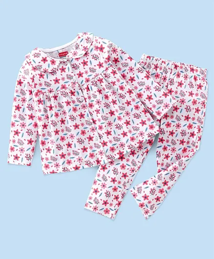 Babyhug Cotton Knit Full Sleeves Night Suit With Floral Print - White & Pink