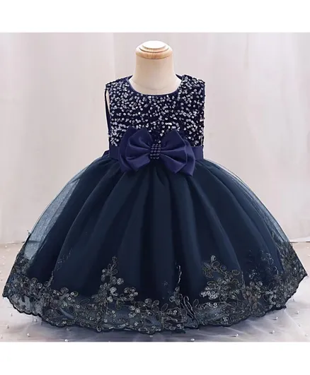 Kookie Kids Sequin Embellished Bow Front Party Dress - Navy Blue