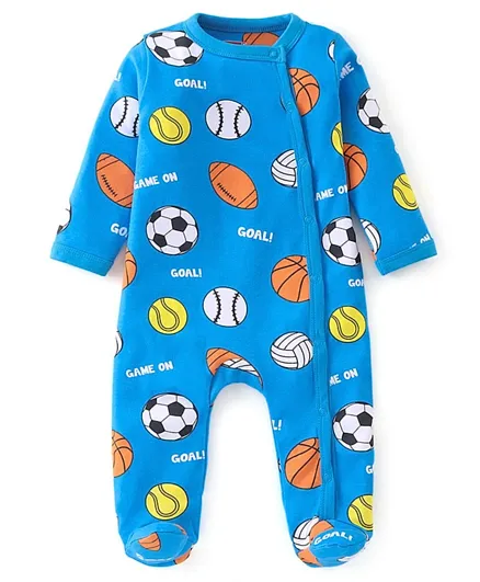 Babyhug Cotton Knit Full Sleeves Footed Sleep Suit With Sports Print - Blue
