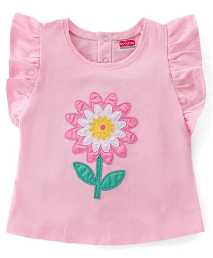Babyhug 100% Cotton Knit Frill Sleeves Top With Floral Patch - Pink