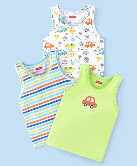 Babyhug 100% Cotton Knit Sleeveless Sando Vests With Striped & Cars Print Pack of 3 - Green & White