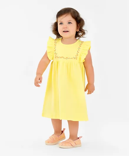 Bonfino  100% Cotton Sleeveless Frock with Floral Placement Print - Yellow