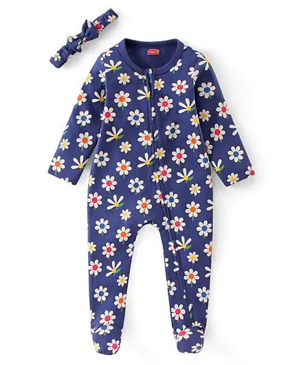 Babyhug Interlock Cotton Knit Full Sleeves Footed Sleepsuit with Headband & Floral Print - Navy Blue