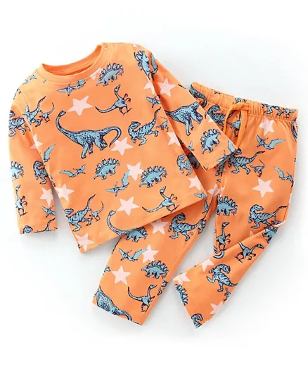 Babyhug Cotton Single Jersey Knit Full Sleeves Night Suit Dino Print - Orange