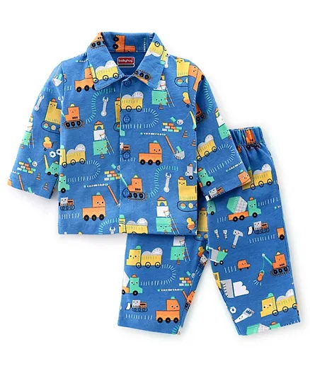Babyhug Cotton Single Jersey Knit Full Sleeves Night Suit Construction Vehicle Print - Blue