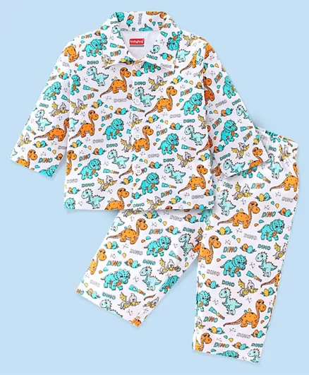 Babyhug Cotton Single Jersey Knit Full Sleeves Night Suit Dino Print - White