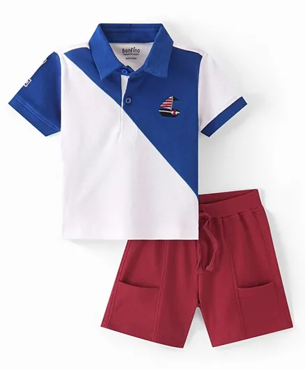 Bonfino 100% Cotton Knit Cut & Sew Polo T-Shirt & Shorts Set With Boat Embroidery - Blue/White/Maroon