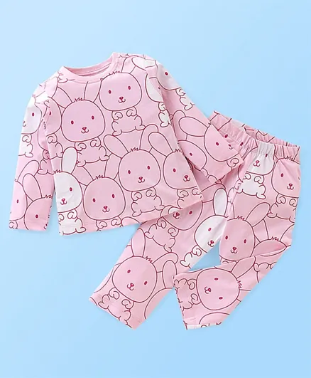 Babyhug Cotton Single Jersey Knit Bunny Print Full Sleeves Pyjama Set - Pink