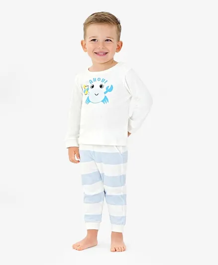 Bonfino 100% Cotton Knit Full Sleeves Night Suit With Crab Print - White