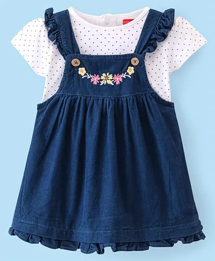 Babyhug Cotton  Woven Frock With Knit Half Sleeves Inner T-Shirt Dot Print & Floral Embroidery - Blue & White
