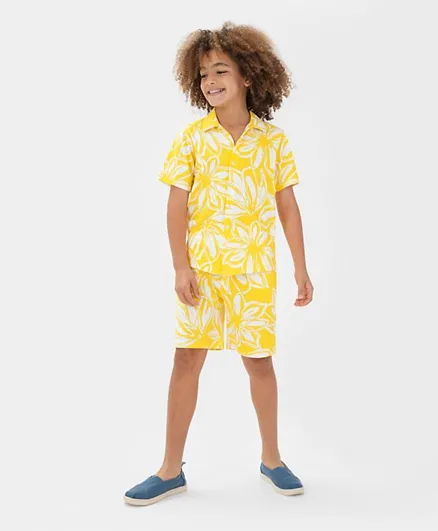 Ollington St. 100% Cotton Knit Half Sleeves Shirt & Shorts/Co-ord Set Floral Print - Yellow