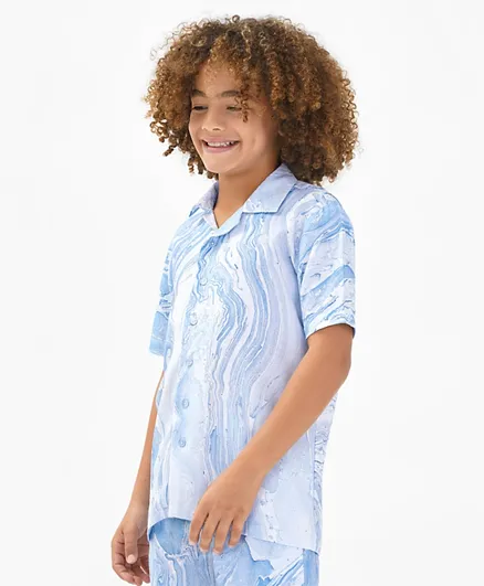 Primo Gino 100% Viscose Half Sleeves Marble Print Resort Fit  Collar Shirt -Light Blue