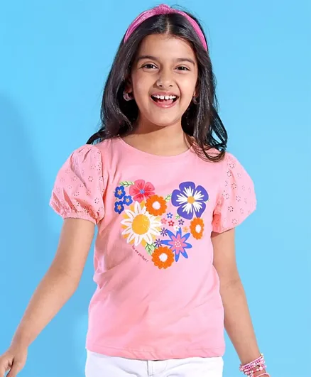 Pine Kids 100% Cotton Knit Half Sleeves T-Shirt With Floral Print & Applique - Pink