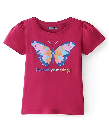 Pine Kids Cotton Half Sleeves Glittery Butterfly Printed T-Shirt - Cherries Jubilee
