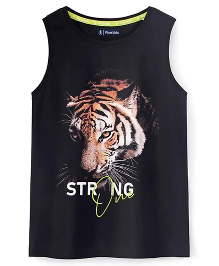 Pine Kids 100% Cotton Sleeveless T-Shirt Tiger Print - Black
