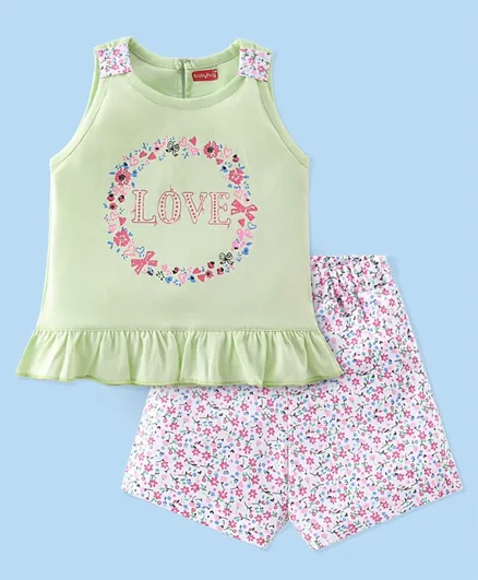 Babyhug Single Jersey Sleeveless Night Suit Floral Print - Pink & Green
