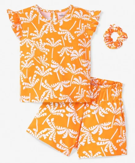 Ollington St. 100% Cotton Ruffle Sleeves Top & Shorts/Co-ord Set With Tropical Print - Orange