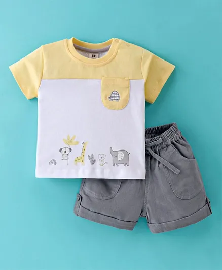 ToffyHouse Cotton Half Sleeves Animals Print T-Shirt & Shorts Set - Yellow & Grey