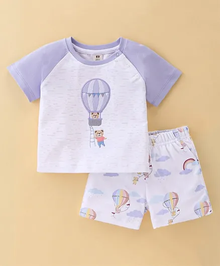 ToffyHouse Raglan Sleeves T-Shirt & Shorts With Teddy Embroidery - White & Purple