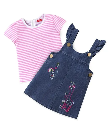 Babyhug Cotton Woven Denim Frock With Knit Half Sleeves Inner Tee Striped & Deer Embroidery - Navy Blue & Pink