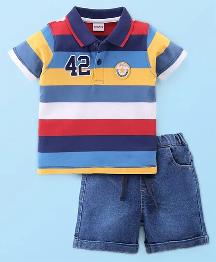 Babyhug Single Jersey Knit Half Sleeves Polo T-Shirt & Shorts Stripes & Number Embroidery - Multicolor & Blue