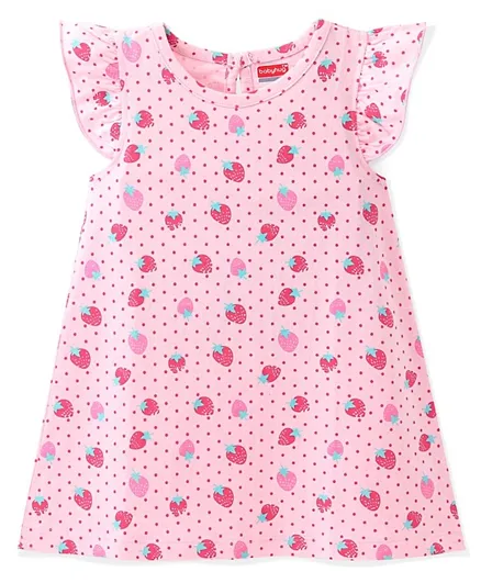 Babyhug Single Jersey Knit Half Sleeves Gown Strawberry Printed - Pink