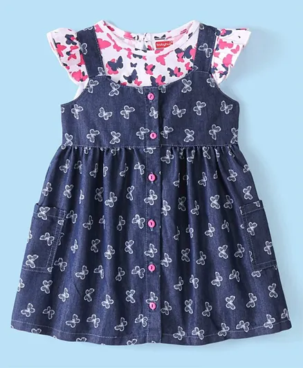 Babyhug Cotton Knit Frill Sleeves T-Shirt &  Denim Frock  Butterfly Print - Blue & Pink