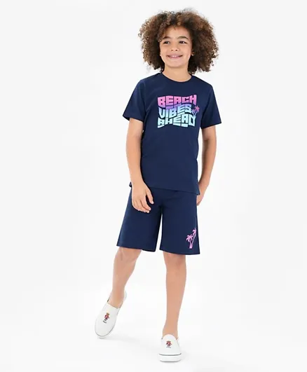 Primo Gino 100% Cotton Half Sleeves T-Shirt & Shorts Set Beach Theme - Blue