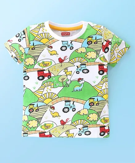 Babyhug 100% Cotton Knit Half Sleeves T-Shirt Animal & Vehicle Print - Multicolor