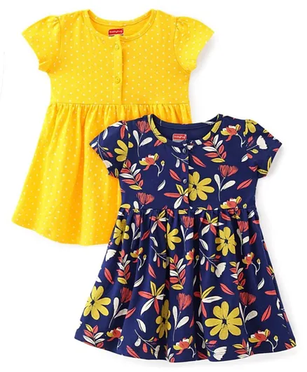 Babyhug Cotton Jersey Knit Half Sleeves Frock Floral Print Pack Of 2 - Yellow & Blue