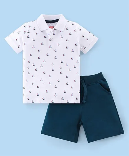 Babyhug 100% Cotton Knit Half Sleeves Polo T-Shirt & Shorts With Boat Print - White & Navy Blue