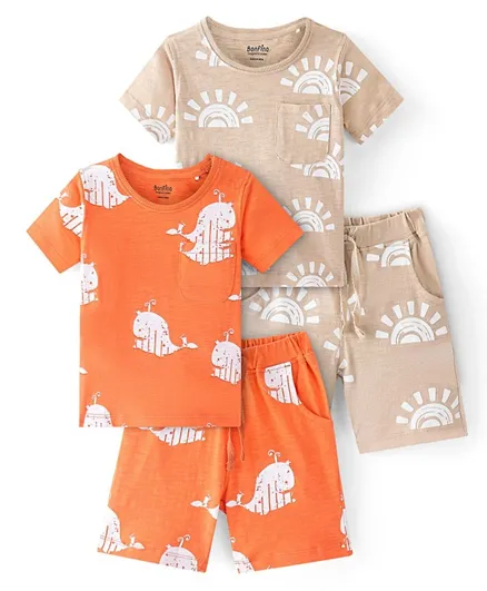 Bonfino 100% Cotton Half Sleeves Night Suit Whales & Sun Print Pack of 2 - Orange & Beige