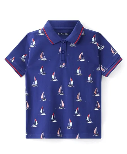Pine Kids Cotton Knit Half Sleeves Polo T-Shirts Boat Print- Limoges