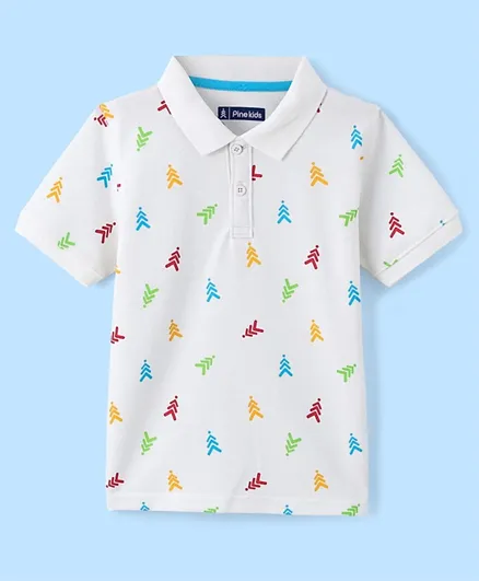 Pine Kids Cotton Blend Knit Half Sleeves Polo T-Shirt Logo Print - Snow White