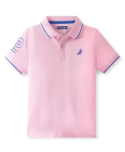 Pine Kids Cotton Half Sleeves Polo T-Shirt with Boat & Number Embroidery - Barely Pink