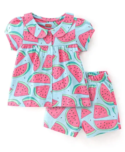 Babyhug Cotton Knit Half Sleeves Night Suit Melon Print - Blue & Pink
