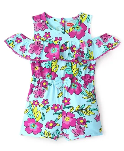 Babyhug 100% Cotton Jersey Cold Shoulder Sleeve  Jumpsuit Floral Print - Blue