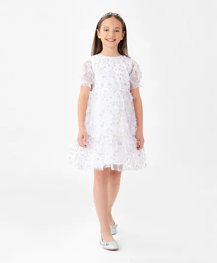 Primo Gino Half Sleeves Party Frock With Sequins & 3D Flowers Applique -Light Blue
