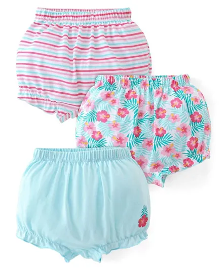 Babyhug 100% Cotton Knit Bloomers Striped & Floral Print  Pack of 3 - Blue & Pink